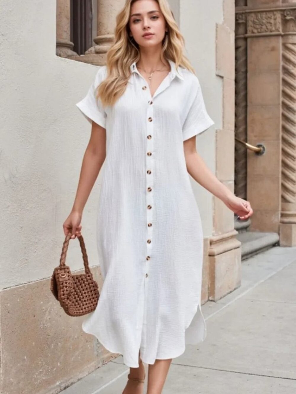New Seersucker Feel Button Down Short Sleeve Midi Shirt Dress